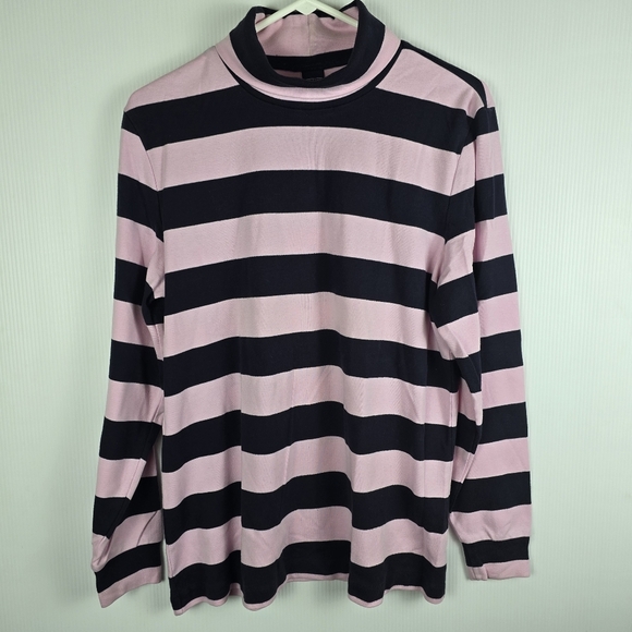 Lands' End Women's Pink And Navy Striped Turtleneck 100% Cotton Preppy Casual L - Picture 1 of 7